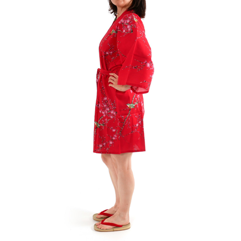 hanten kimono giapponese in cotone rosso, TORIUME, fiori di uccello e prugna