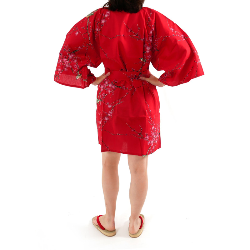 Japanese traditional red cotton hanten kimono plum and bush warbler for ladies