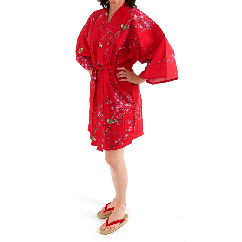 Japanese traditional red cotton hanten kimono plum and bush warbler for ladies