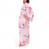 kimono yukata traditionnel japonais rose en coton oiseau et fleurs prune pour femme