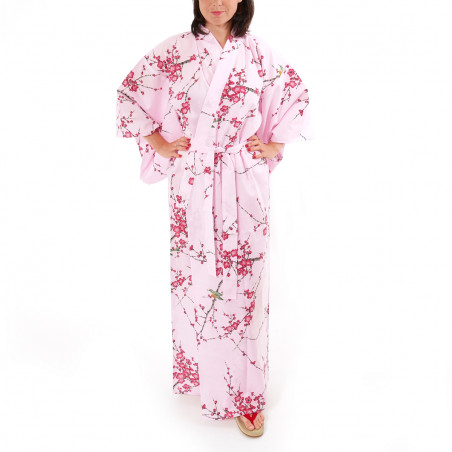 Japanese traditional pink cotton yukata kimono plum and bush warbler for ladies