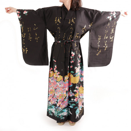 Japanese traditional black kimono gilt poem and princess for ladies