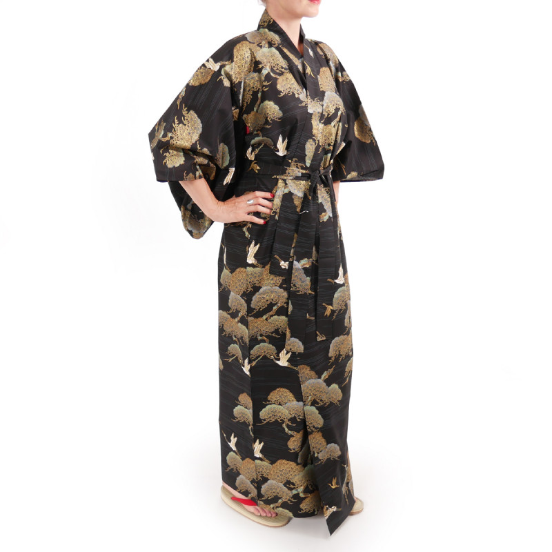 kimono yukata traditionnel japonais noir en coton pins et grues pour femme