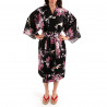 happi kimono traditionnel japonais noir en coton satin grue et pivoine pour femme