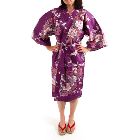 happi kimono traditionnel japonais violet en coton satin grue et pivoine pour femme