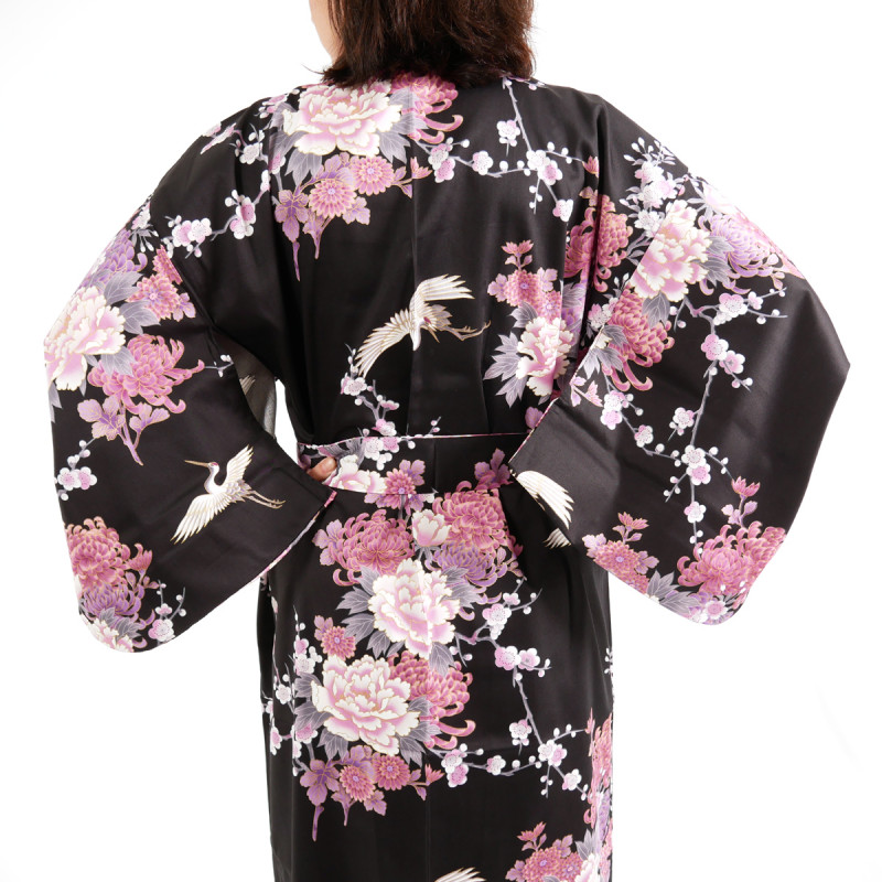 Kimono noir traditionnel japonais pour femme grue et pivoine