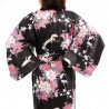 Kimono giapponese in cotone nero, TSURU PEONY, gru e peonia