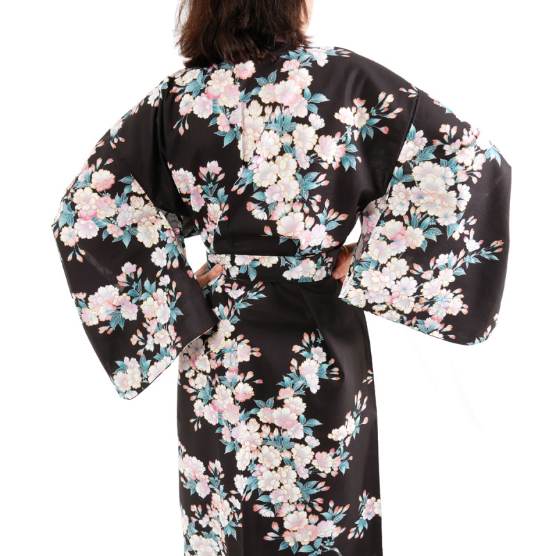 kimono yukata traditionnel japonais noir en coton fleurs de cerisiers blanches pour femme