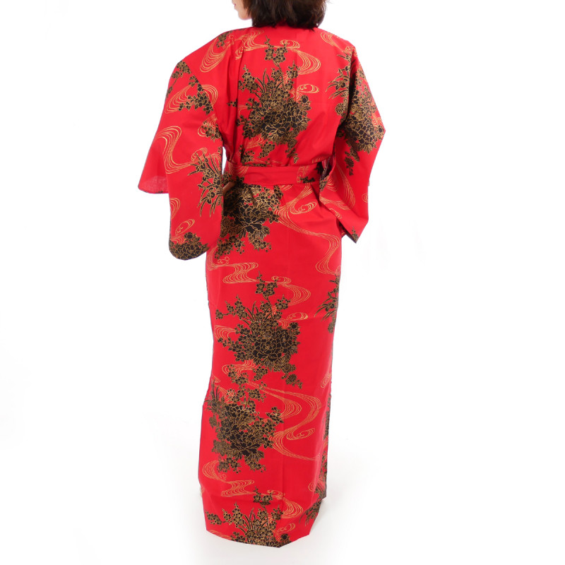 Japanese traditional red cotton yukata kimono flowing peony for ladies