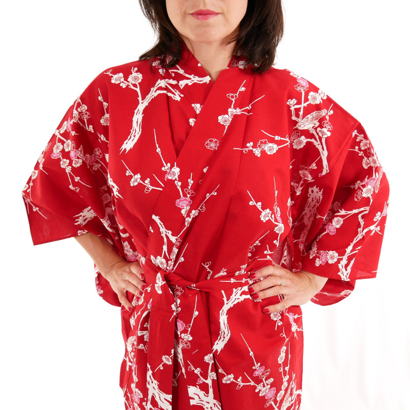 yukata japonés kimono rojo algodón, UME, flores de ciruelo