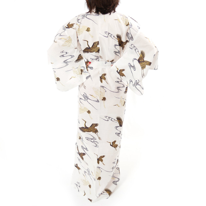 yukata japonés kimono algodón blanco, TSURU, grúas