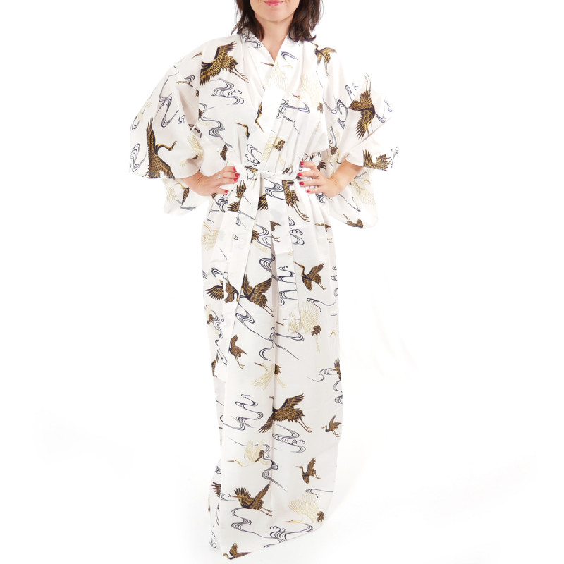 kimono yukata traditionnel japonais blanc en coton grues pour femme