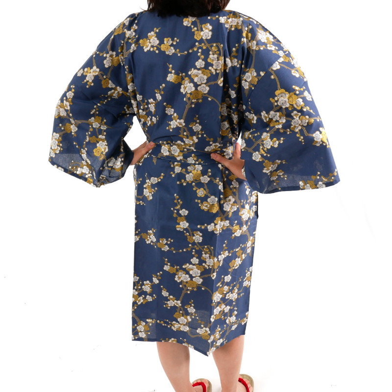 kimono happi azul algodón japonés, SHIRAUME, flores de ciruelo blanco