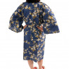 kimono happi azul algodón japonés, SHIRAUME, flores de ciruelo blanco