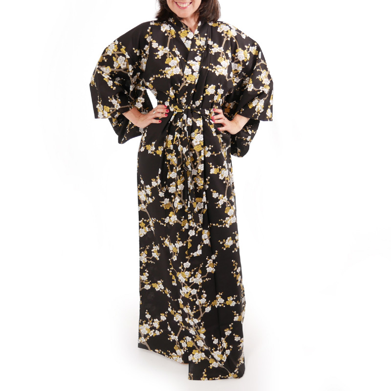 yukata japonés kimono algodón negro, SHIRAUME, flores de ciruelo blanco