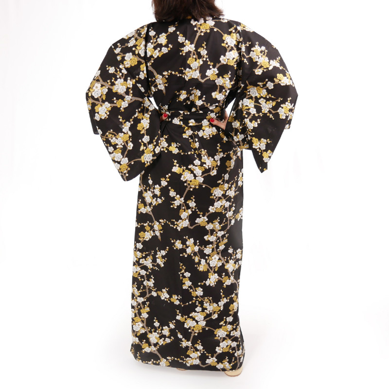 Japanese traditional black cotton yukata kimono white plum for ladies