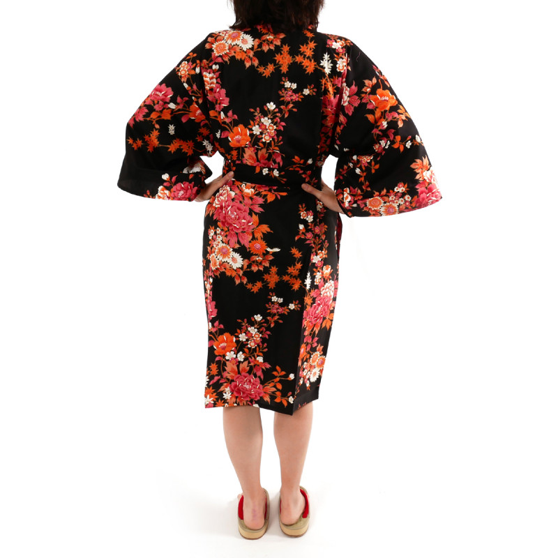 Japanese traditional black cotton sateen happi coat kimono peony and cherry blossom for ladies