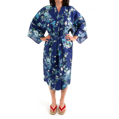 happi kimono traditionnel japonais bleu en coton satin pivoine et fleurs de cerisier pour femme