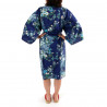 Japanese traditional blue navy cotton sateen happi coat kimono peony and cherry blossom for ladies