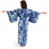 Kimono giapponese in cotone blu, SAKURA PEONY, peonia e fiori di ciliegio