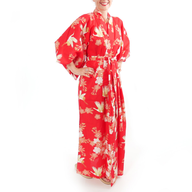 yukata japonés kimono rojo algodón, SAKURA TSURU, flores de cerezo y grullas
