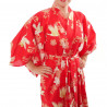 yukata japonés kimono rojo algodón, SAKURA TSURU, flores de cerezo y grullas