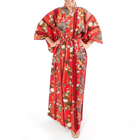 Japanese traditional red cotton yukata kimono chrysanth blooming for ladies