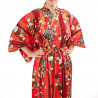 kimono yukata traditionnel japonais rouge en coton chrysanthèmes fleuris pour femme