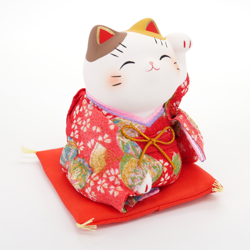 japanische keramik manekineko glückskatze, KIMONO, rot