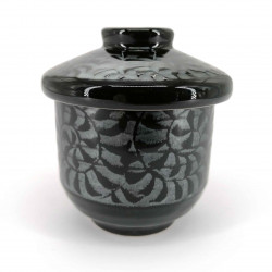 Ceramic tea cup with lid, black with engravings, KARAKUSA