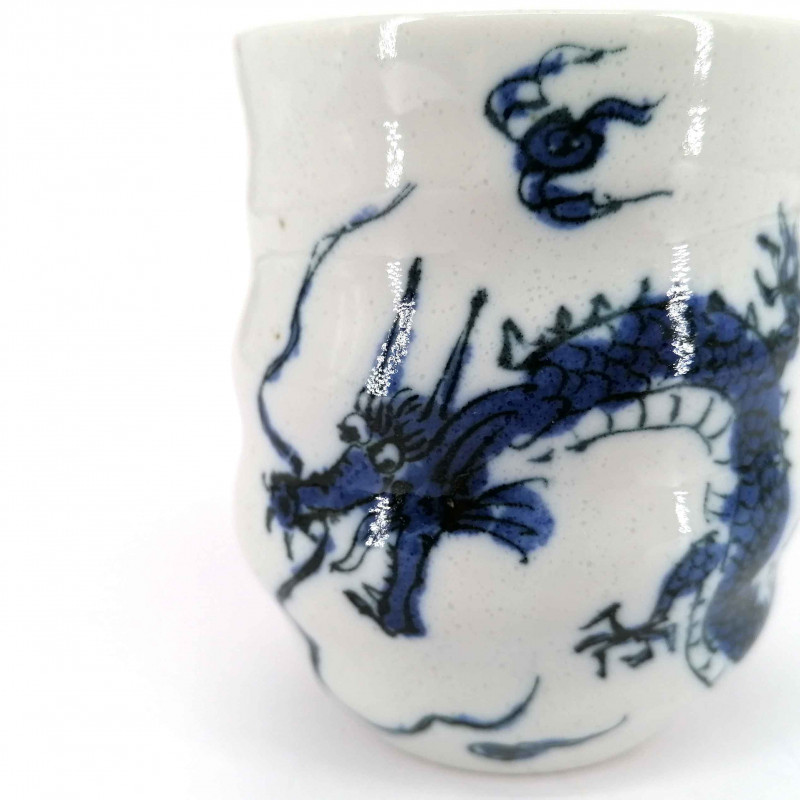 Taza blanca japonesa, estampado de dragón, azul, RYU