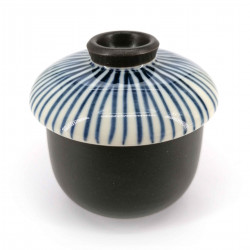 Japanese Chawanmushi tea bowl with lid, black with blue lines, TOKUSA