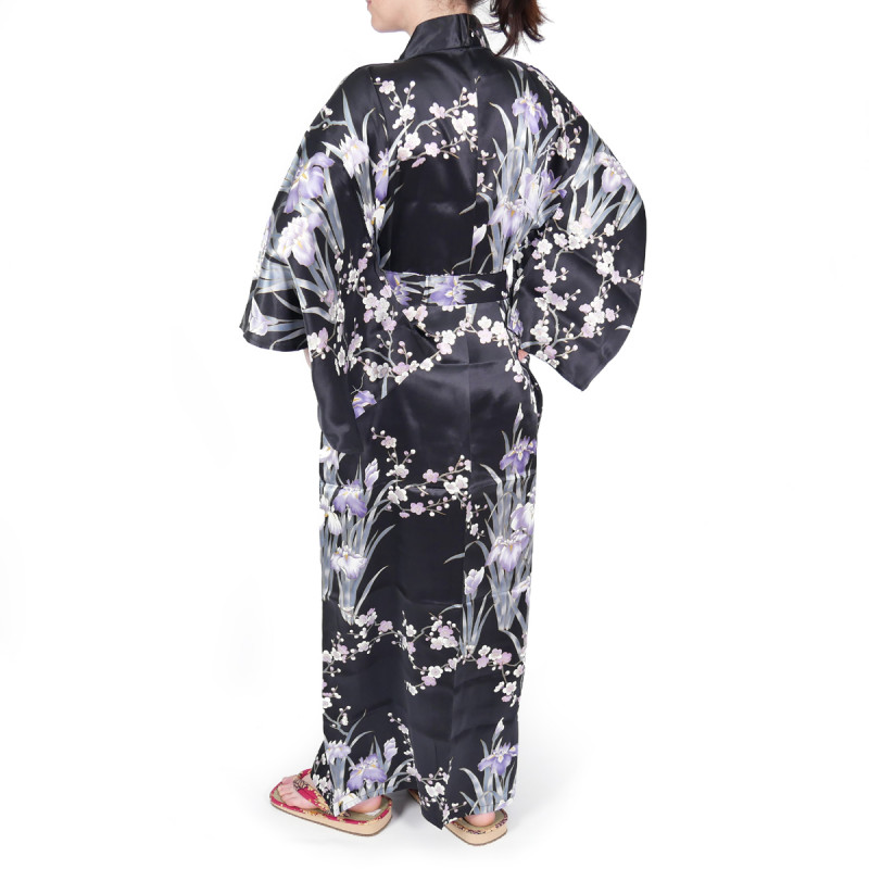 Kimono Yukata Japonés Negro En Seda, SHIBORIUME, flores de iris y ciruela