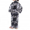 schwarzer japanischer Yukata Kimono in Seide, SHIBORIUME, Iris und Pflaumenblüten