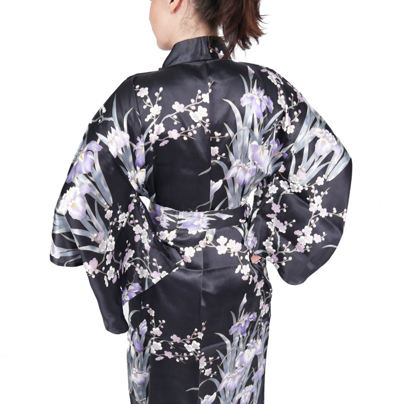 Kimono Yukata Japonés Negro En Seda, SHIBORIUME, flores de iris y ciruela