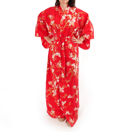 Japanese traditional red cotton yukata kimono cherry blossoms and butterfly for ladies