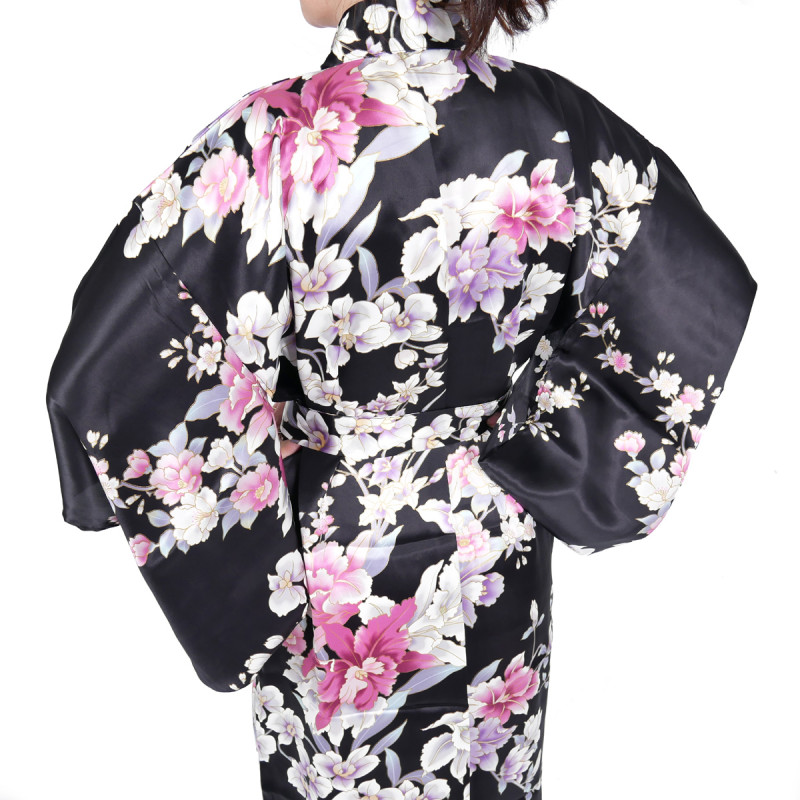 schwarzer japanischer Yukata Kimono in Seide, RAN, Orchideenblüten