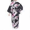 Kimono Yukata Japonés Negro En Seda, RAN, flores de orquidea