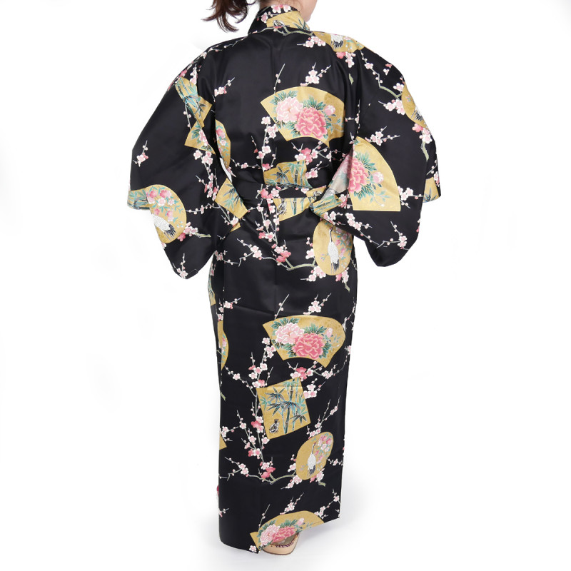 japanese black sateen cotton yukata princess and peony for women