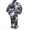 japanese black silk kimono yukata crane and peony for women