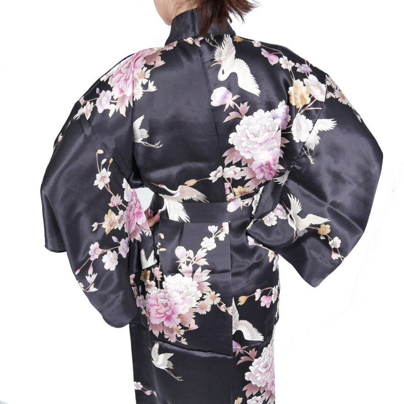 Kimono Yukata Japonés Negro En Seda, TSURU PEONY, grullas y flores de peonía