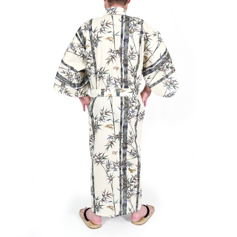 Japanese traditional beige cotton yukata kimono bamboo and sparrow for men