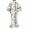 yukata kimono giapponese beige in cotone, TAKE, bambù e uccelli