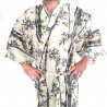 yukata kimono giapponese beige in cotone, TAKE, bambù e uccelli