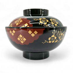 Resin soup bowl with lid, black and red, golden sakura patterns - GORUDENPURAMU