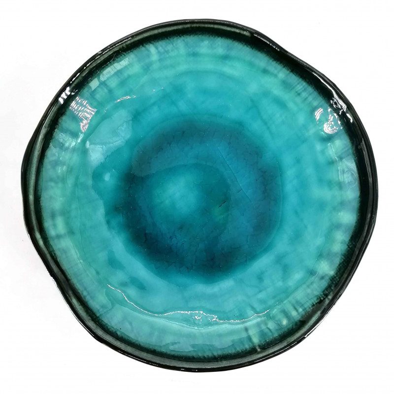 Petite assiette japonaise ronde en céramique, surélevée, émaillée bleu océan, KAIYO