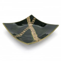 Piatto quadrato in ceramica giapponese con bordi rialzati, verde, linee incrociate - KUROSUORIBE