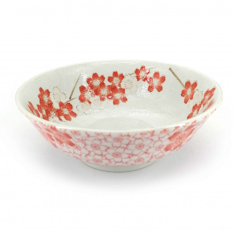 Cuenco de ramen japonés de cerámica, blanco y rosa, SAKURA