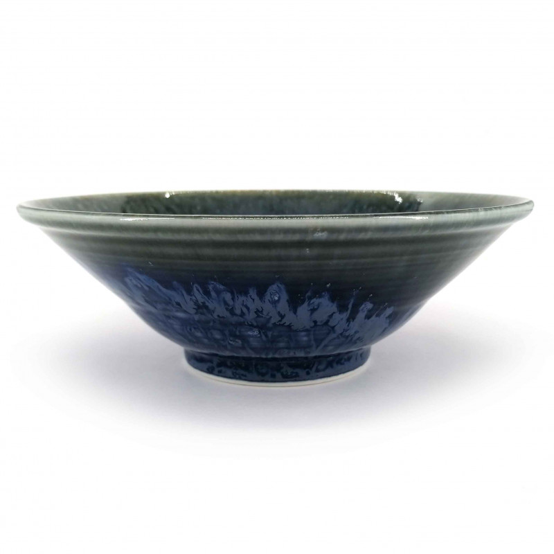 Japanese ceramic ramen bowl, green and blue sparkle, KAGAYAKU