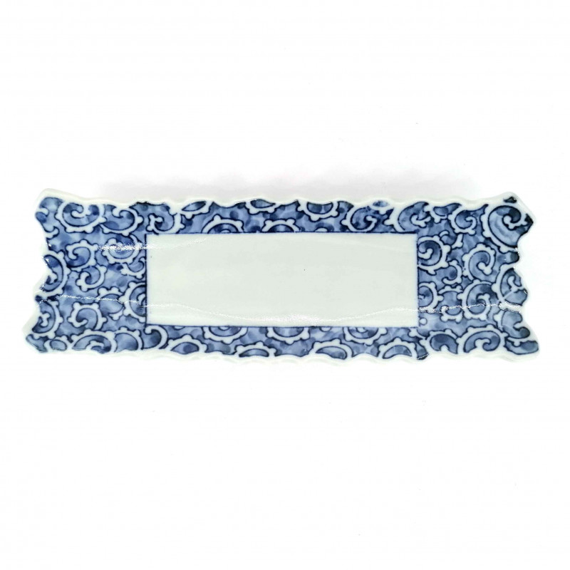 Japanese rectangular plate, white with blue patterns, KARAKUSA